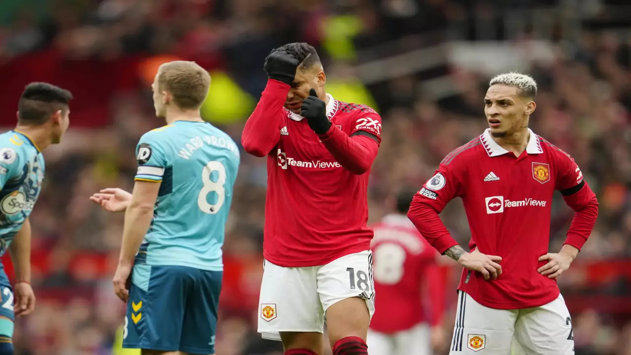 Casemiro reacts during a Premier League match