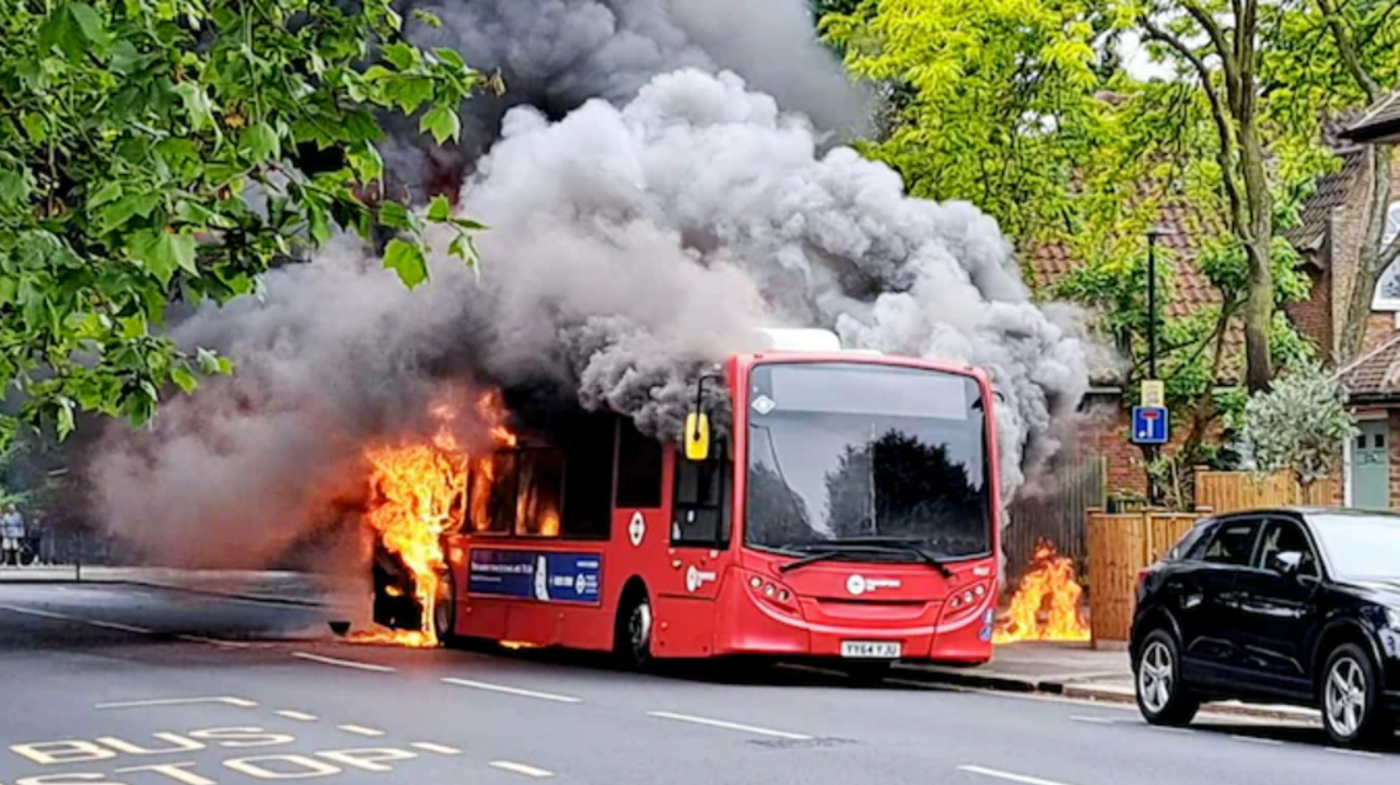 A bus burst into flames on busy London streets