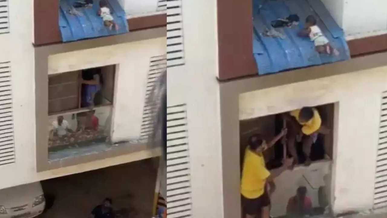 ?On April 28, a video went viral showing an eight-month-old toddler hanging from the plastic sheet covering the roof of an apartment in Avadi in Chennai.?