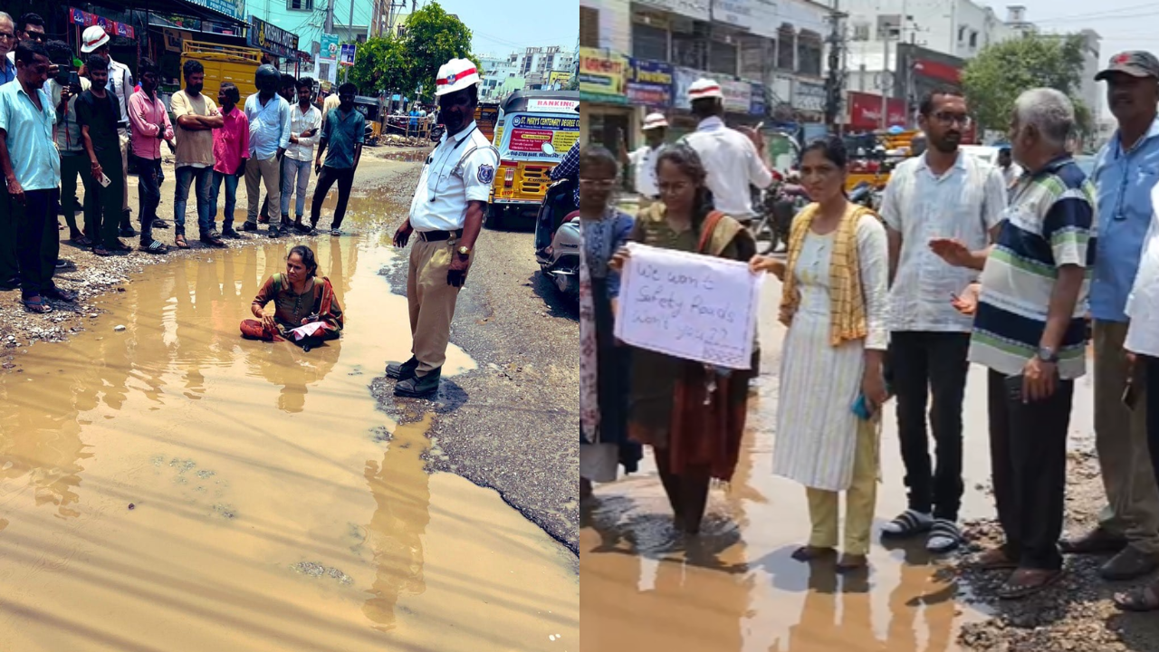 A women resident of Anandnagar, Nagole, sits in a pothole as a mark of protest against the GHMC over poor road conditions.