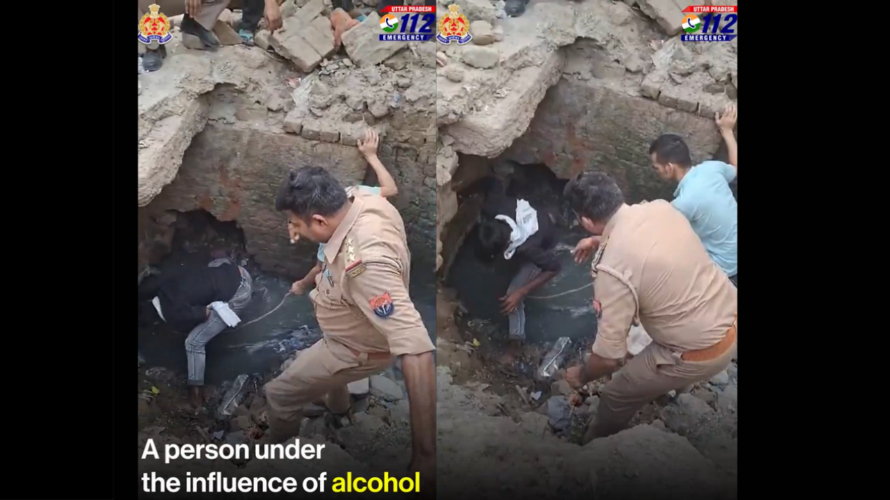 A drunk man was rescued by police on Friday after he fell into a 30-foot-long fast-flowing drainpipe in Noida