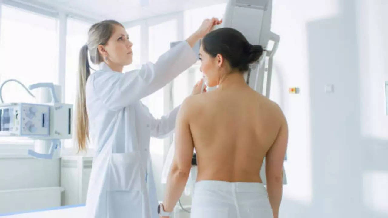 Woman undergoing mammogram test