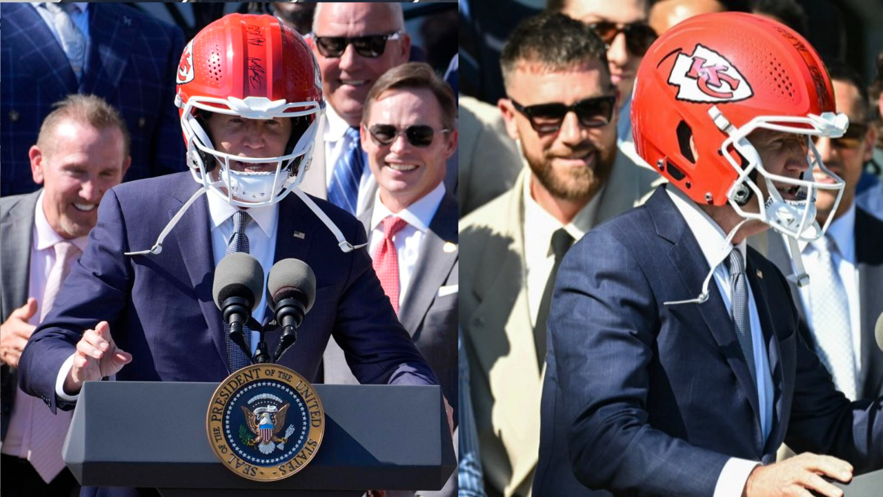 Biden Tries On The Chiefs Helmet