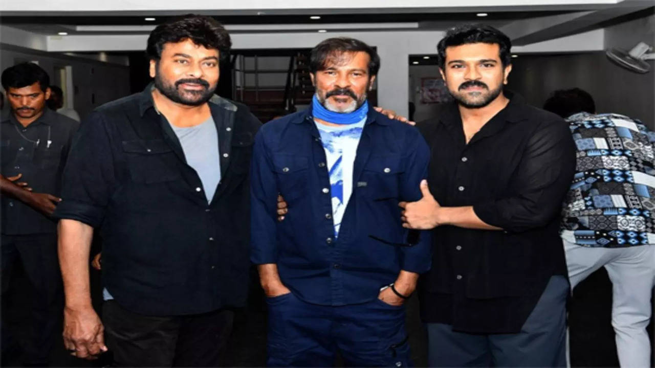 Chiranjeevi, Chota K Naidu and Ram Charan on the sets of Vishwambhara