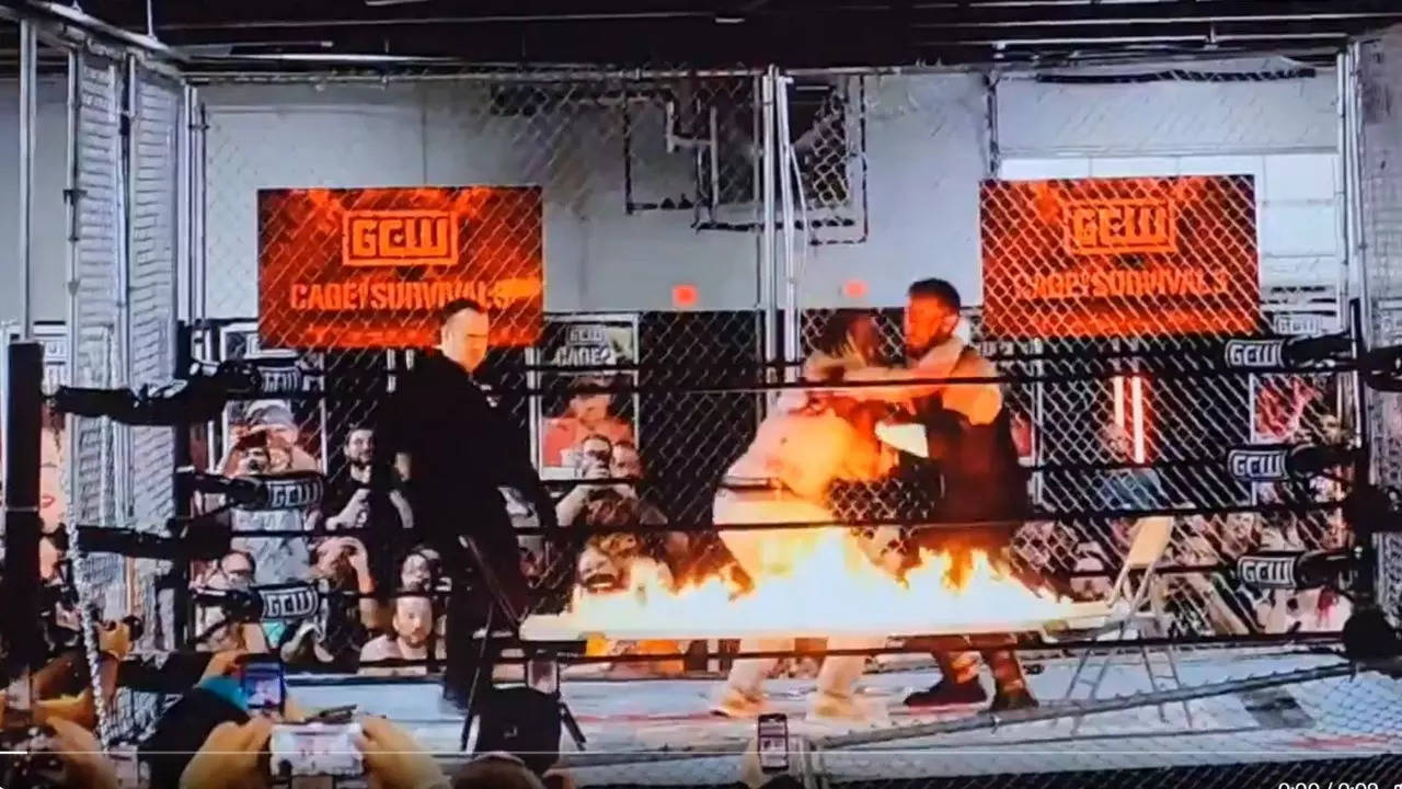 GCW COS3 EFFY And Mance Warner Break Cage, Fire Table In 'Never Seen