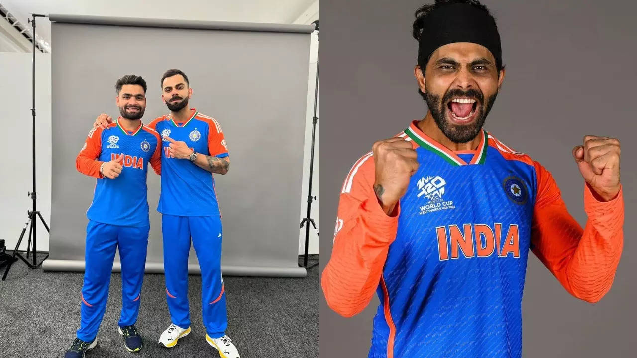 India's T20 World Cup 2024 jersey is primarily blue with orange shoulders and sleeves. | BCCI/X