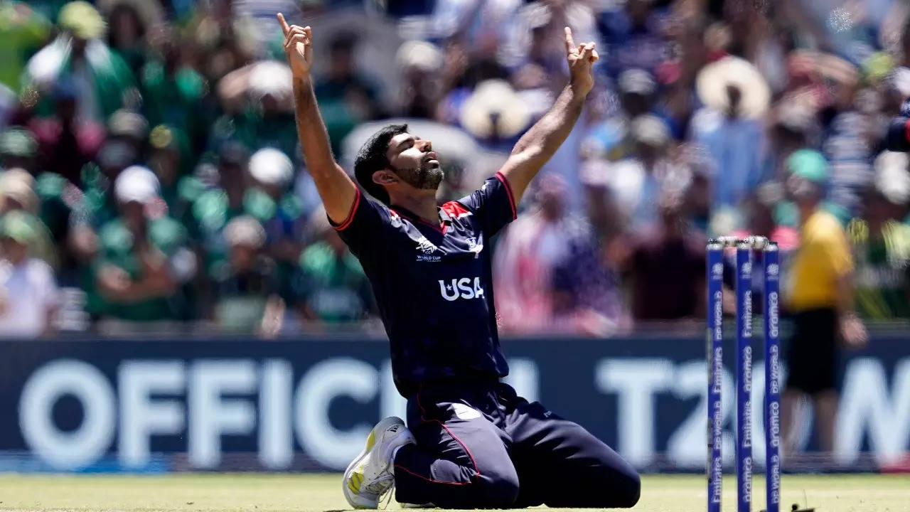 Saurabh Netravalkar celebrates as USA beat Pakistan in a T20 World Cup group game in Texas. | AP