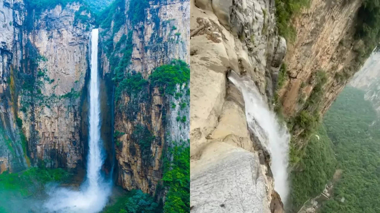 Yuntai Geo Park uses pipe-fed spring water to help the waterfall in summer. | Farisvov/Douyin