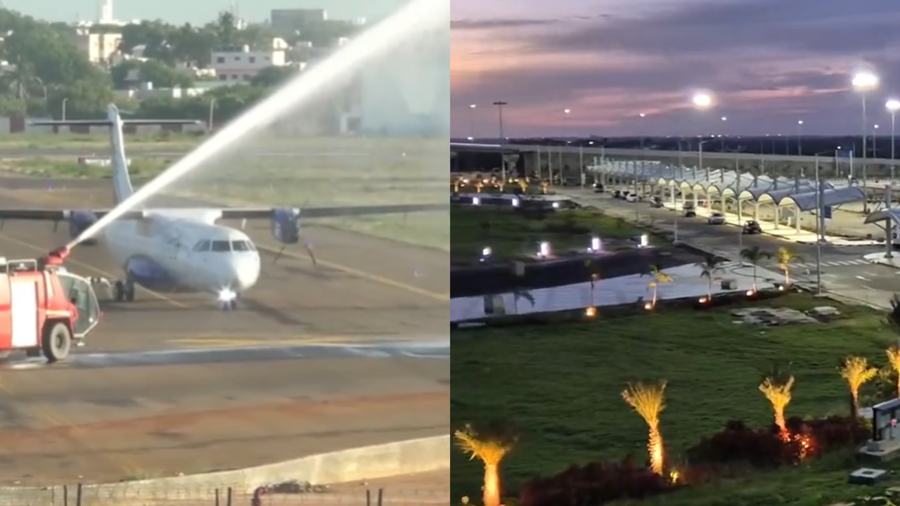 indigo aircraft from chennai receives water cannon salute in tiruchirappalli airport, new terminal opens today | video