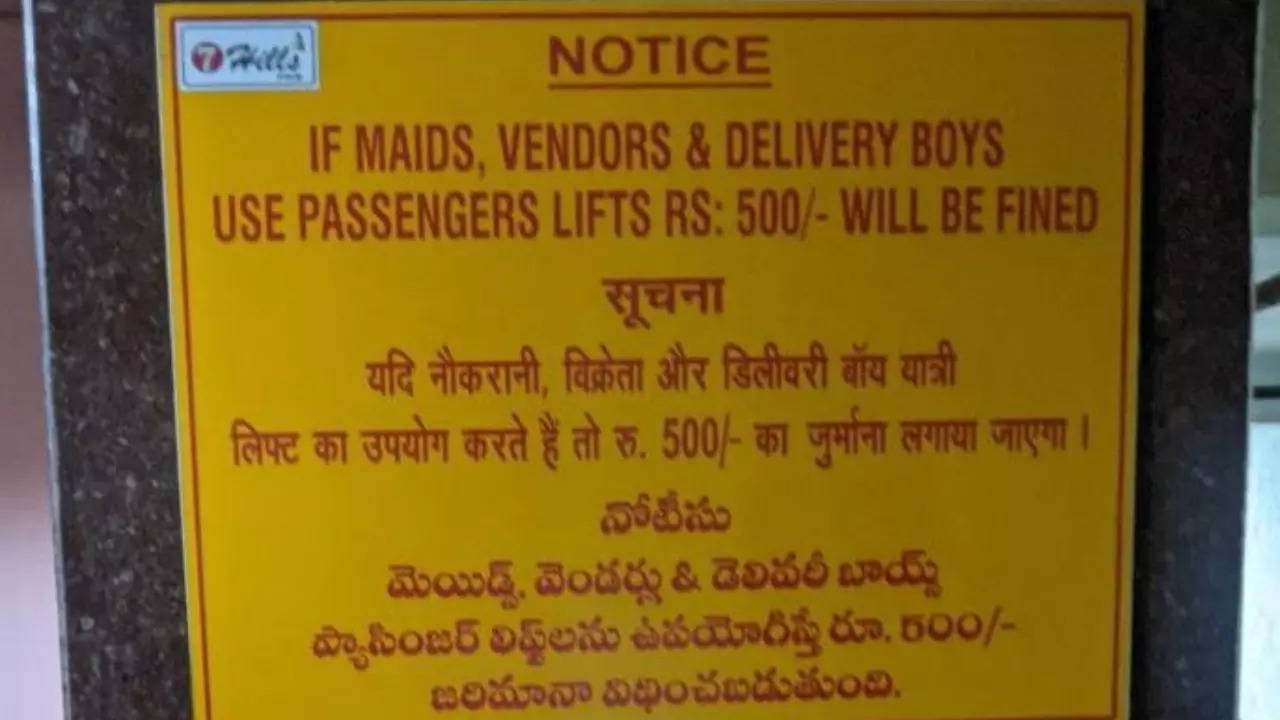 A notice at 7 Hills Hyderabad warns delivery drivers and maids against lift use. | Ravikant Kisana