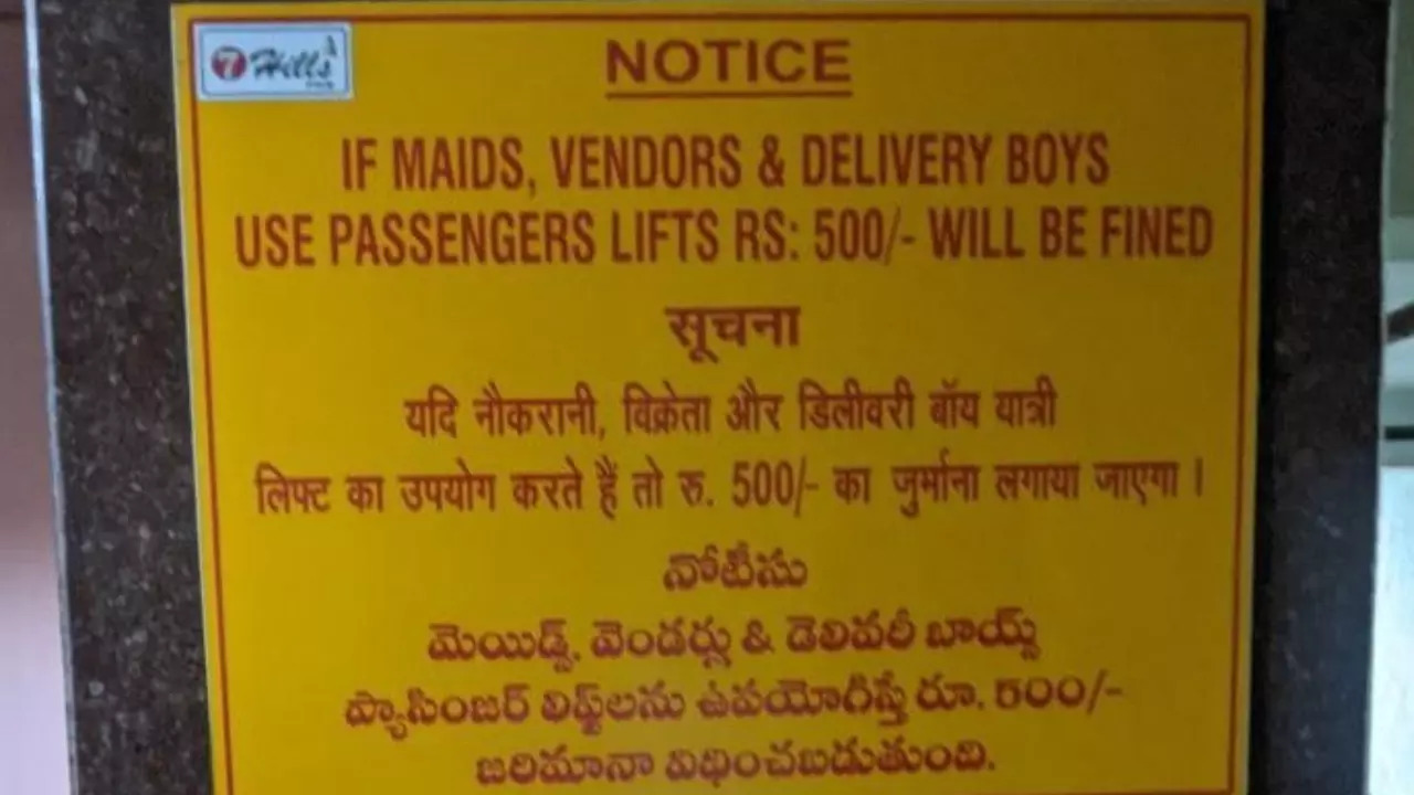 A notice at 7 Hills Hyderabad warns delivery drivers and maids against lift use. | Ravikant Kisana