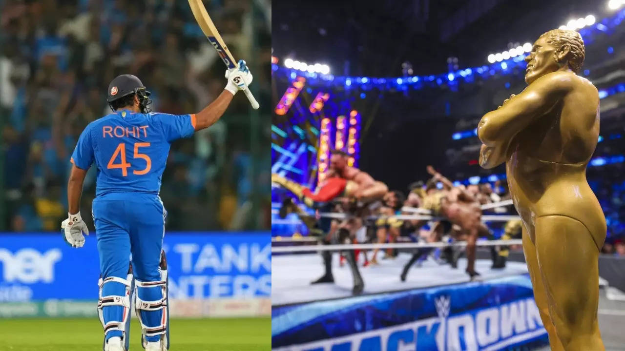 Rohit Sharma on the Left and Andre The Giant Battle trophy