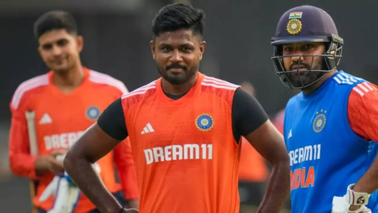 Sanju Samson with Rohit Sharma during a practice session