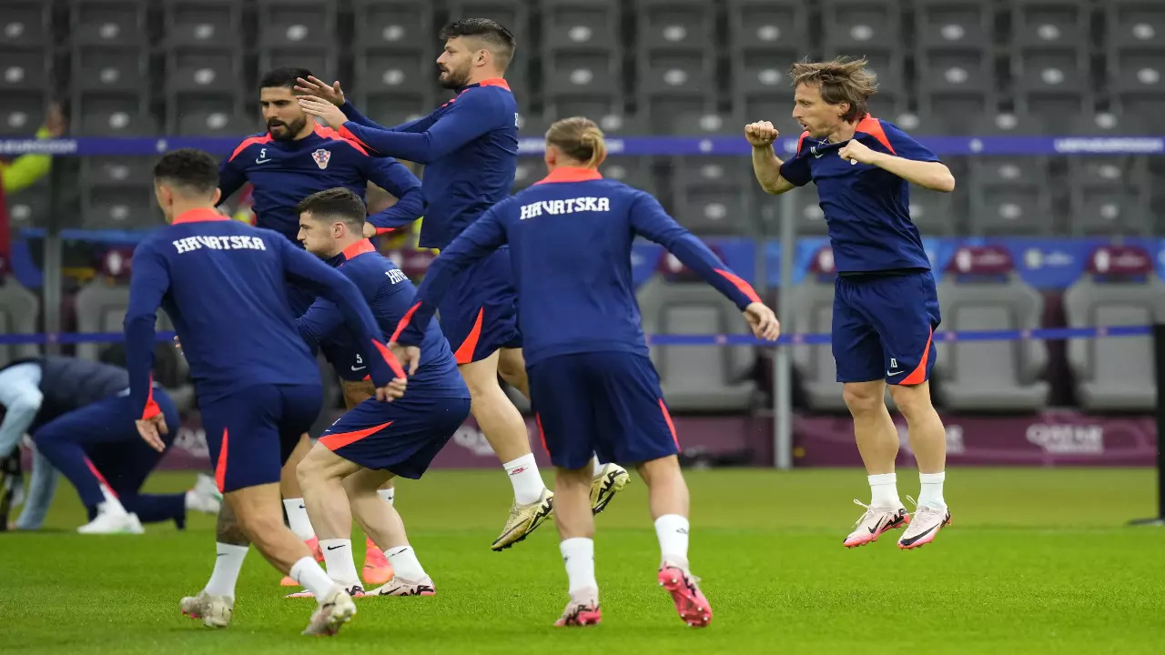 Croatia players take part in a practice session