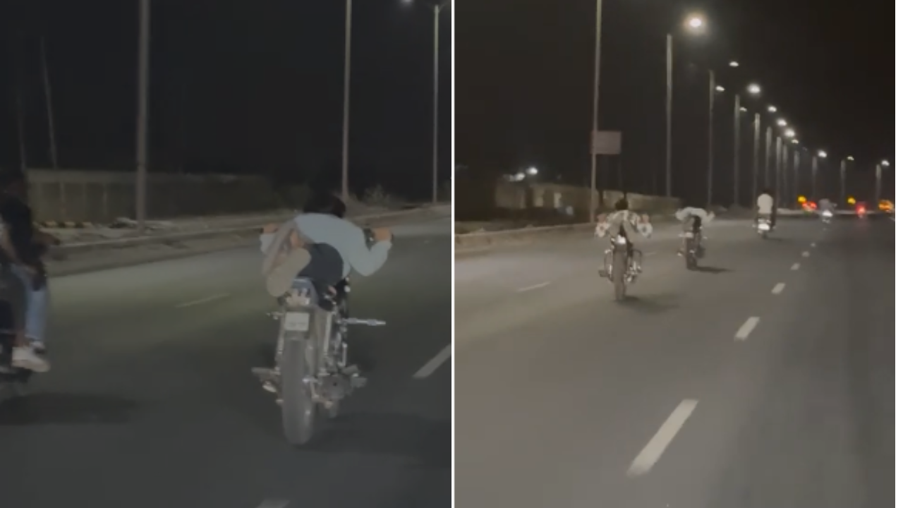 at rajkot-ahmedabad highway, group of men perform dangerous stunts on speeding bikes; video