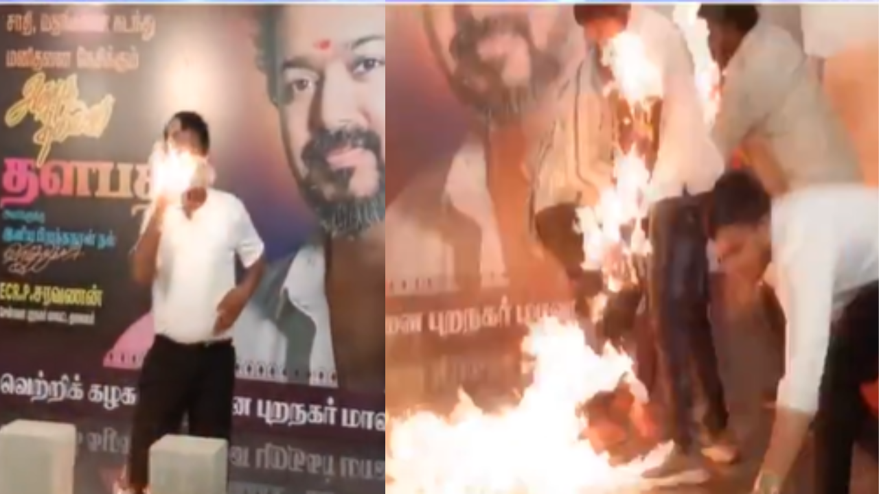 on cam boy catches fire during thalapathy vijay's birthday celebration in chennai man pours petrol not water