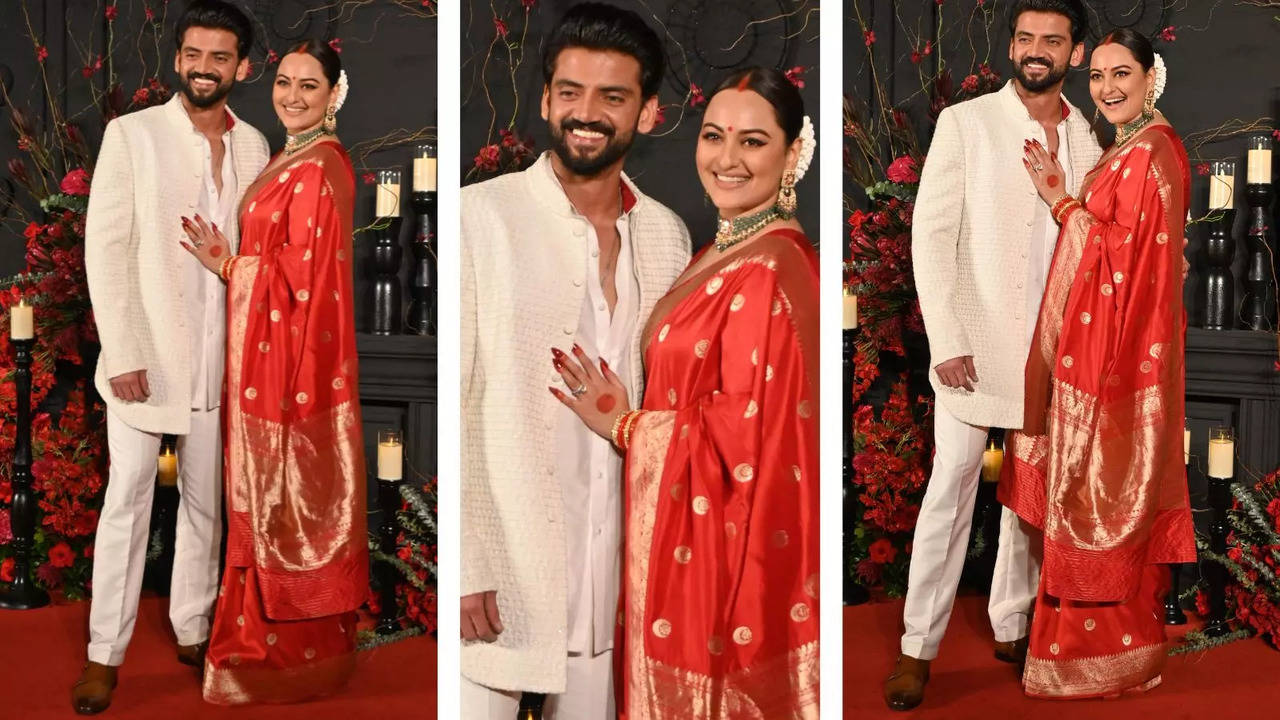 New Bahu Sonakshi Sinha Looks RESPLENDENT In Red Saree-Sindoor, Cutely Poses With Hubby Zaheer Iqbal At Reception