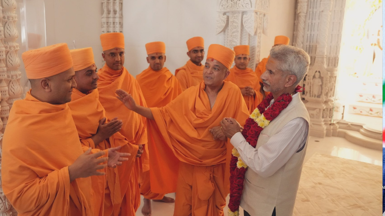 s jaishankar visits uae for bilateral talks, first stop at iconic baps hindu temple