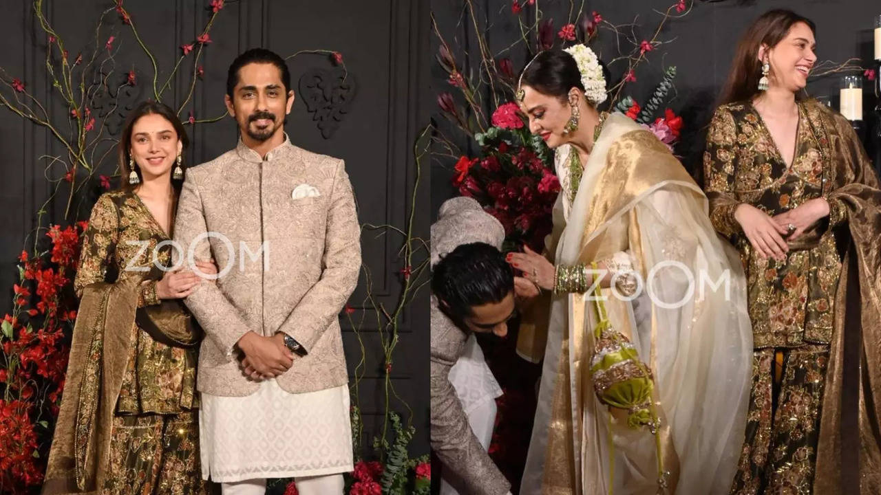 Siddharth Touches Rekha's Feet, Aditi Rao Hydari Plants Sweet Kiss On Her Cheek At Sonakshi-Zaheer's Reception