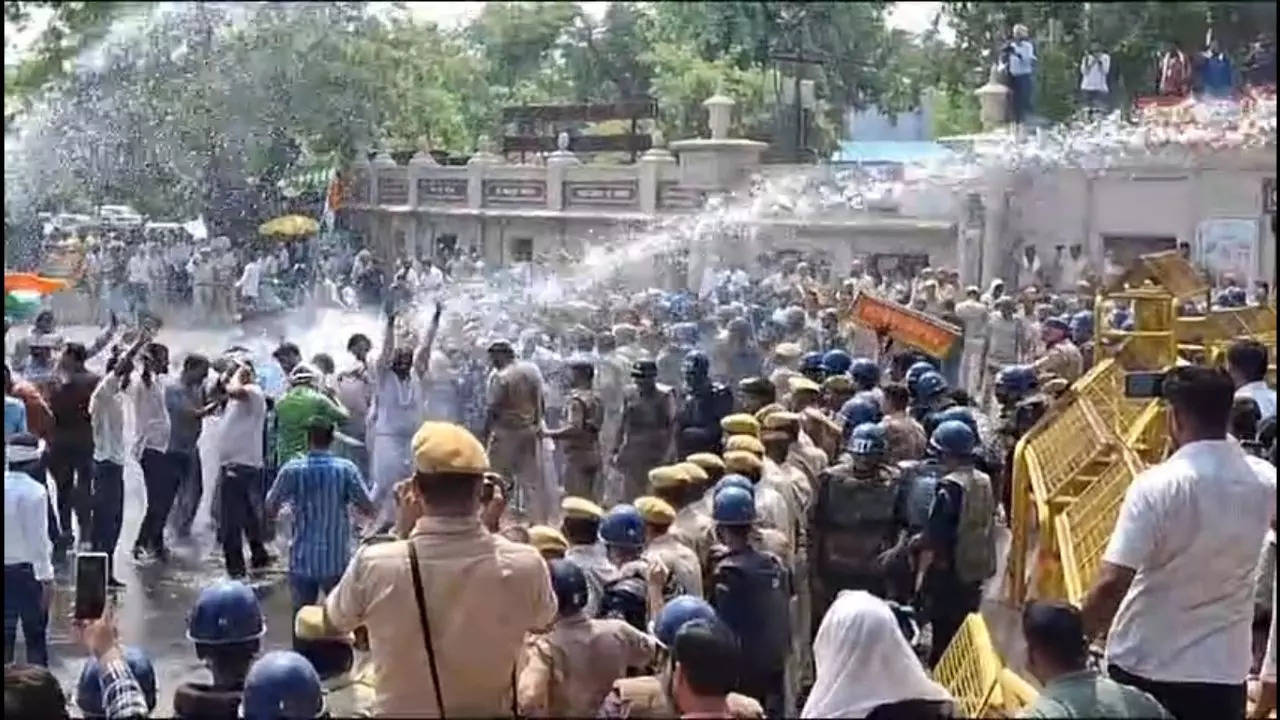 neet exam paper leak triggers congress protest in kota, police use water cannons | video