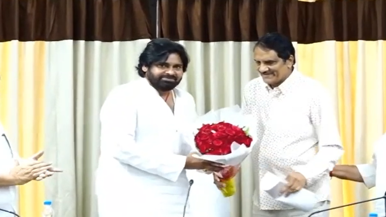 Producer Aswini Dutt greeting Pawan Kalyan