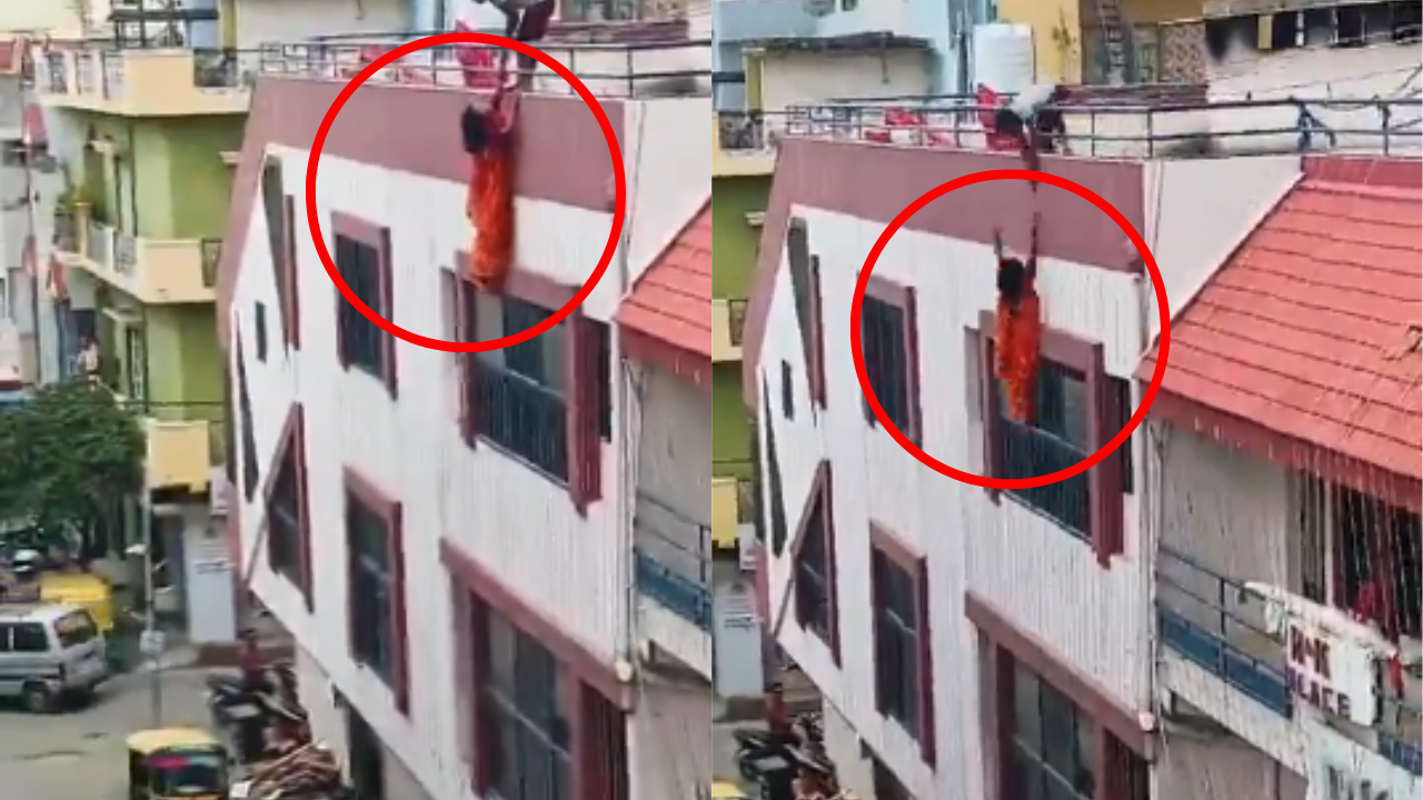 on cam: despite man's efforts, bengaluru woman falls from terrace, lands on parked bikes