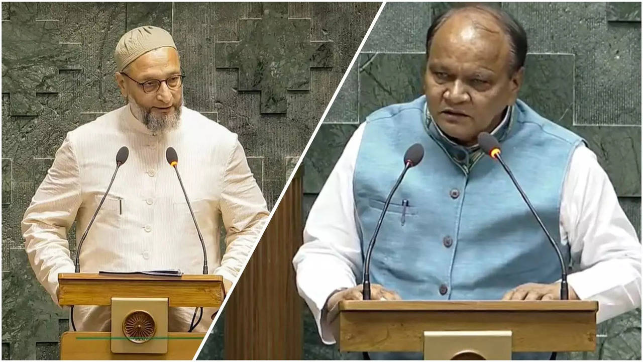 owaisi's 'jai palestine' vs  bjp's 'jai hindu rashtra' during oath-taking in lok sabha | video