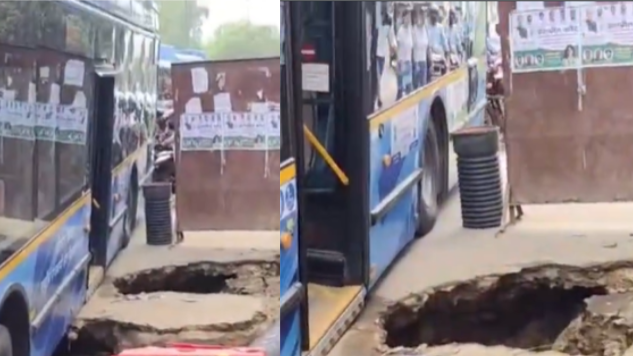 A Bus Gets Stuck In A Road Cave At Delhi's Mehrauli-Badarpur Road  Road