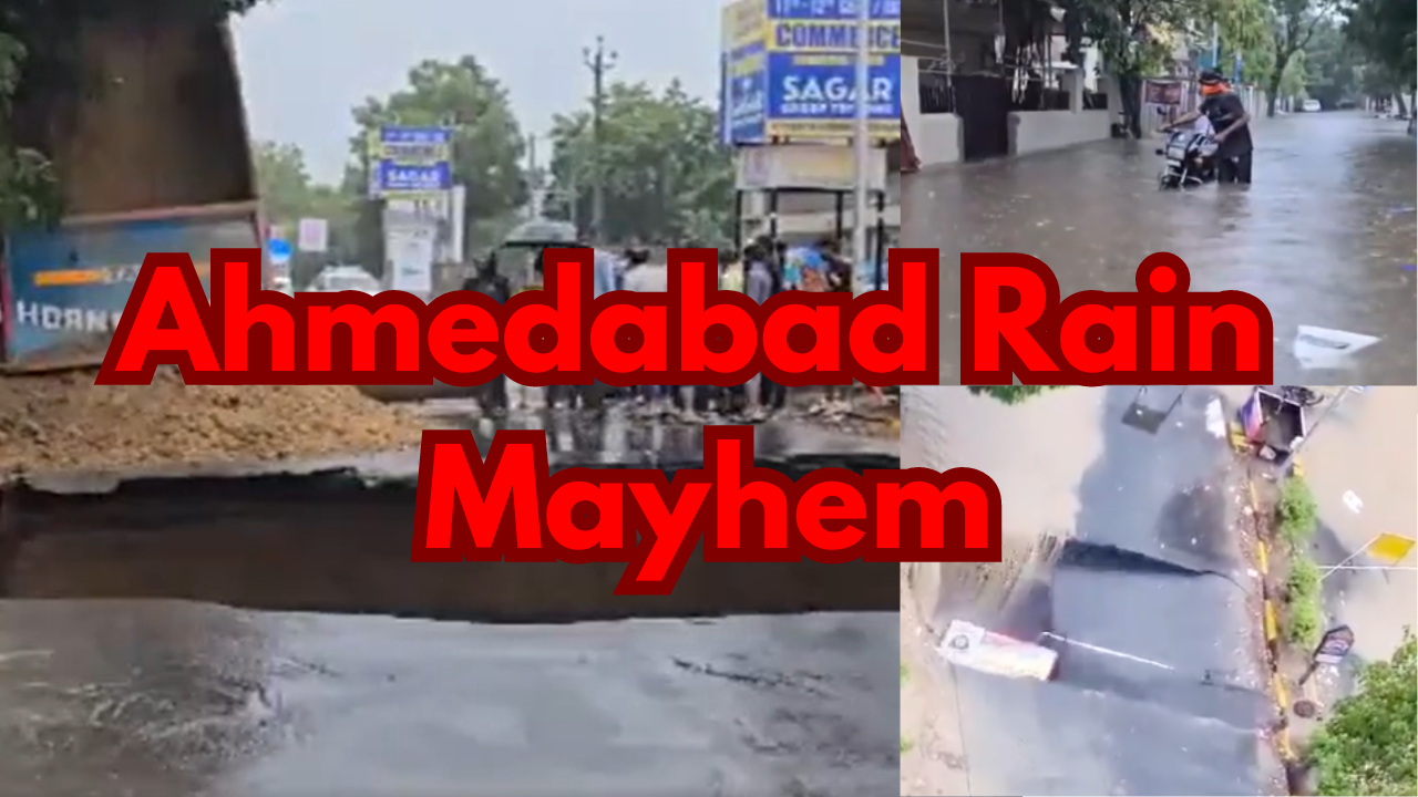 huge road cave-in, waist-deep water: how ahmedabad's torrential rain brings about mayhem | visuals