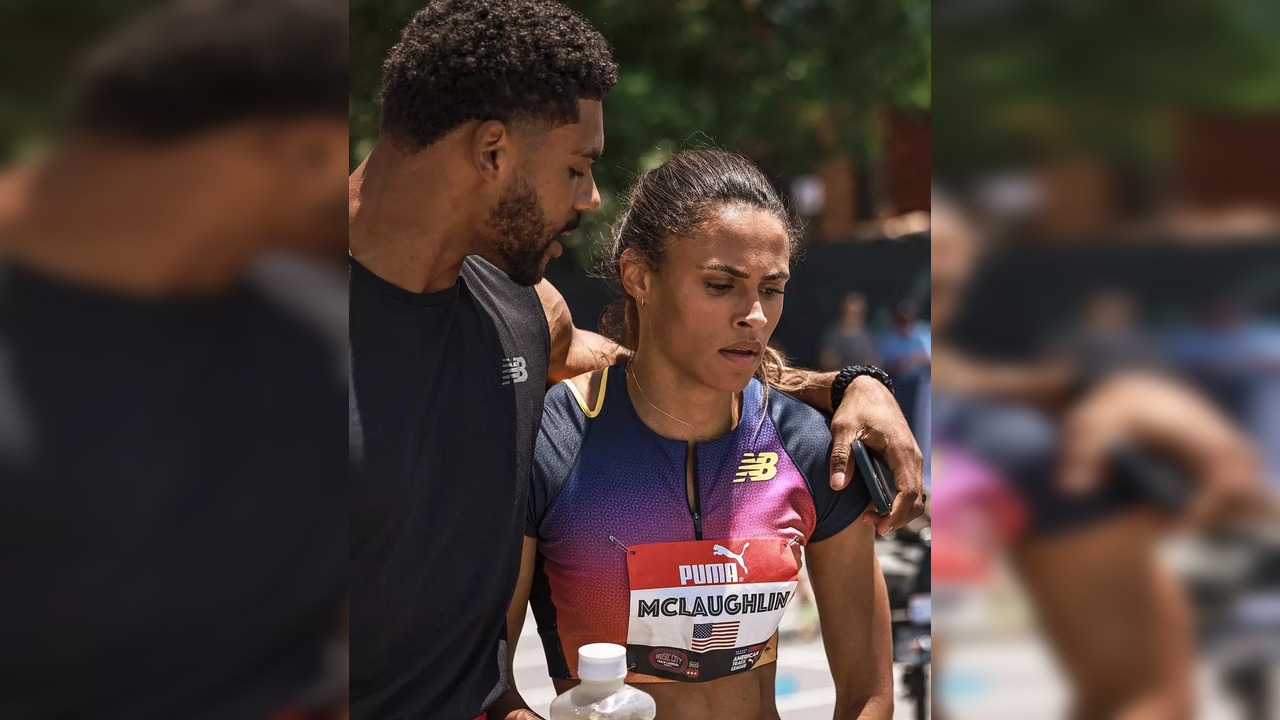 Sydney McLaughlin and her husband, Andre Levrone