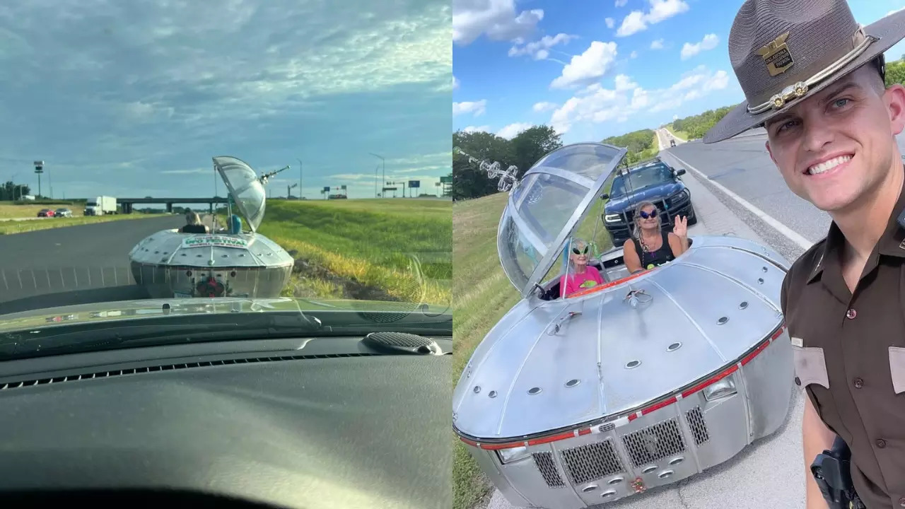 Steve Anderson pictured in his Roswell UFO Festival-bound vehicle during a traffic stop. | OHP/CCSO