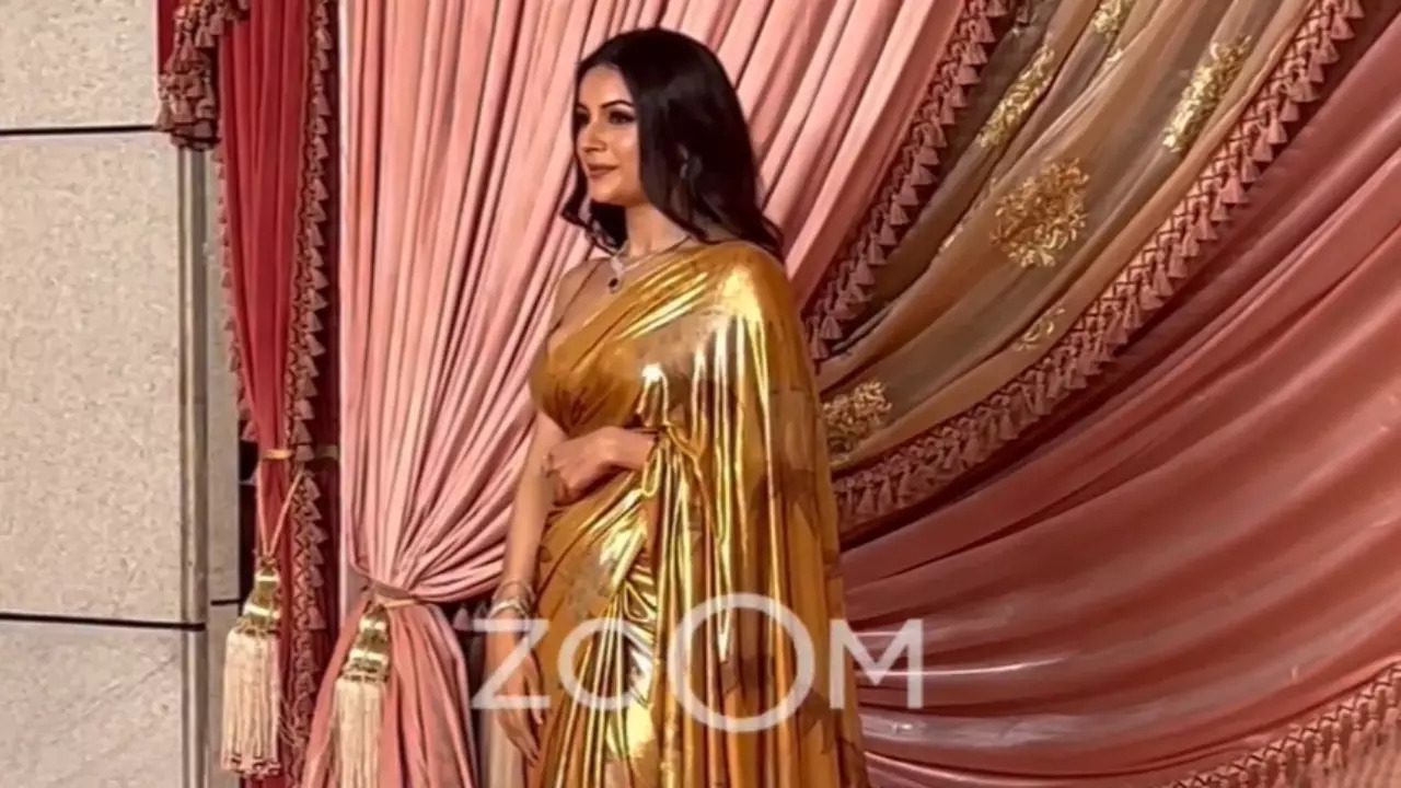 Shehnaaz Gill Sizzles In Golden Saree As She Attends Anant Ambani-Radhika Merchant’s Sangeet Night