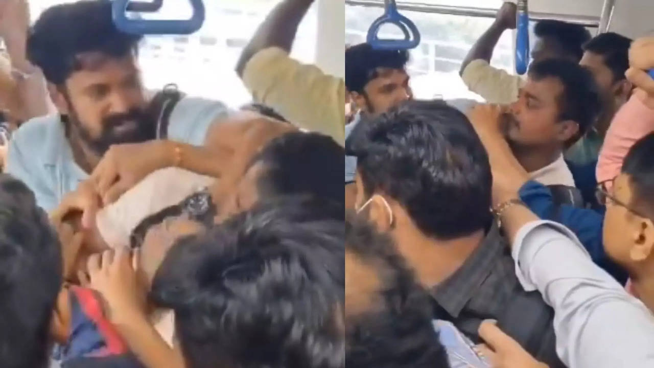 namma metro: bengaluru metro commuters fight in crowded train, video goes viral