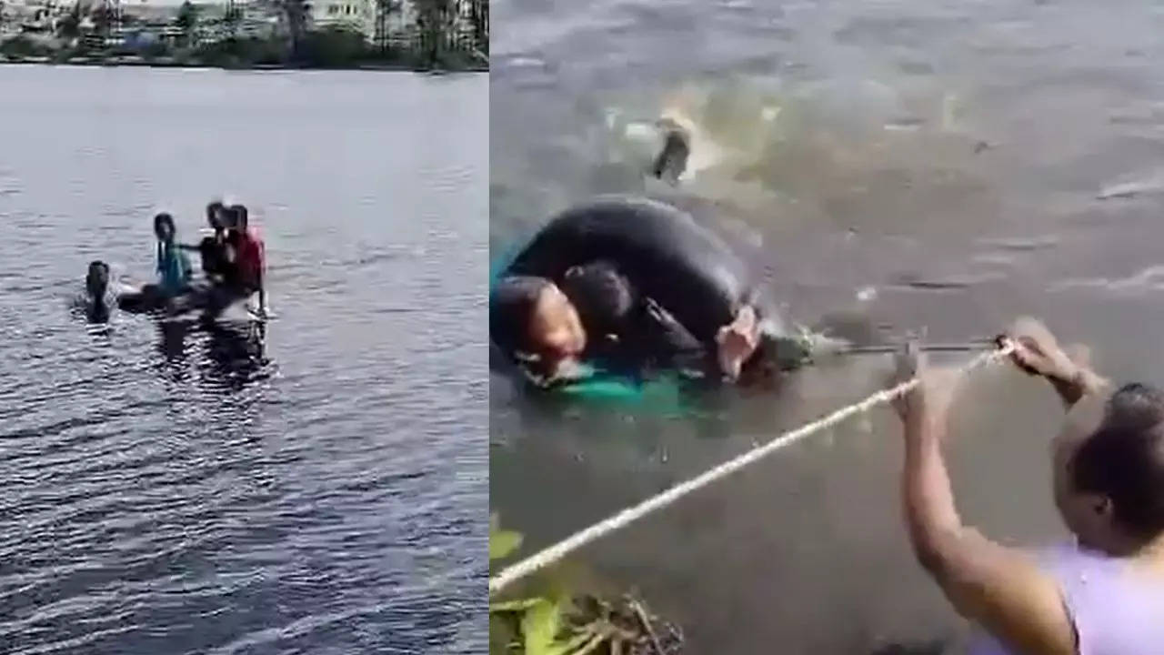 video: locals rescue hyderabad man, his 3 kids after he attempts suicide and drives car into lake