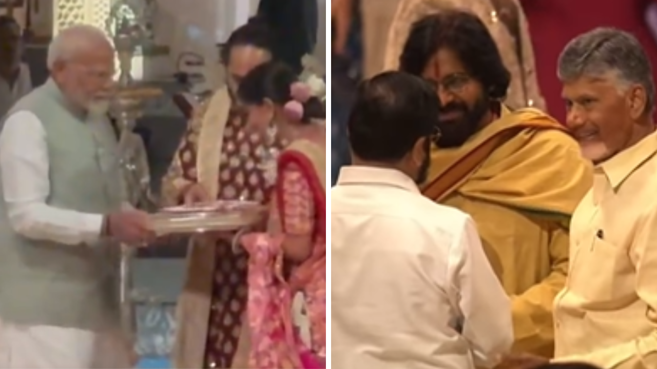 Anant-Radhika Shubh Ashirwad Event: PM Modi Blesses Newlyweds, Pawan Kalyan Greets Maharashtra CM Eknath Shinde