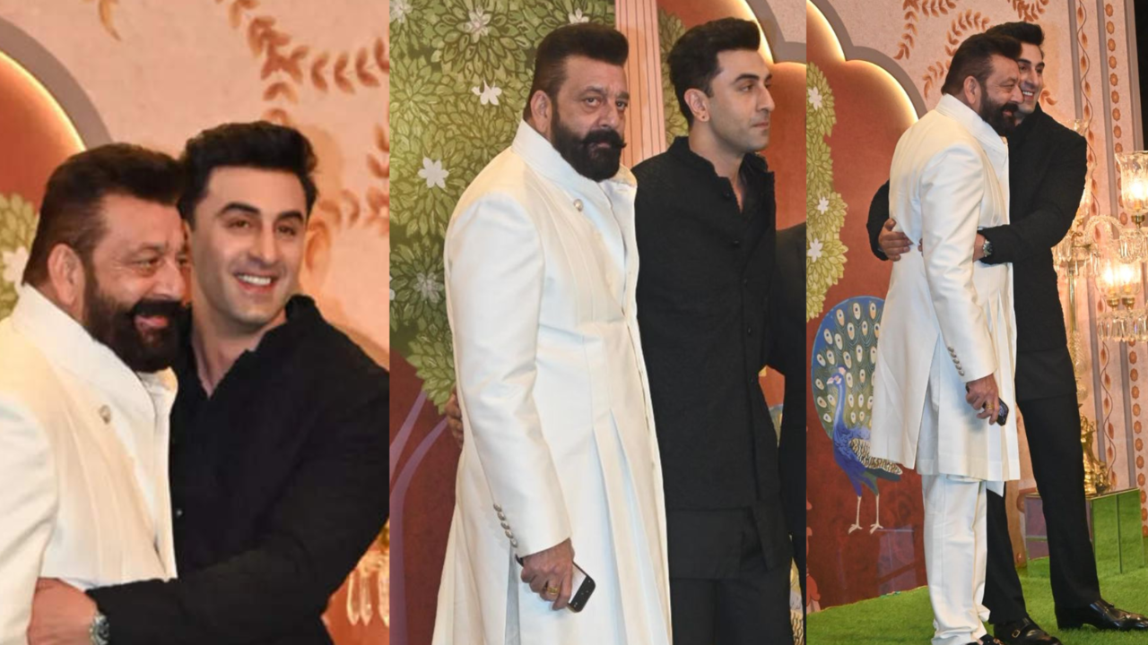 Sanjay Dutt Poses With Reel Life Sanju Ranbir Kapoor At Anant-Radhika's Shubh Ashirwad Ceremony. Fans Love Their Bromance