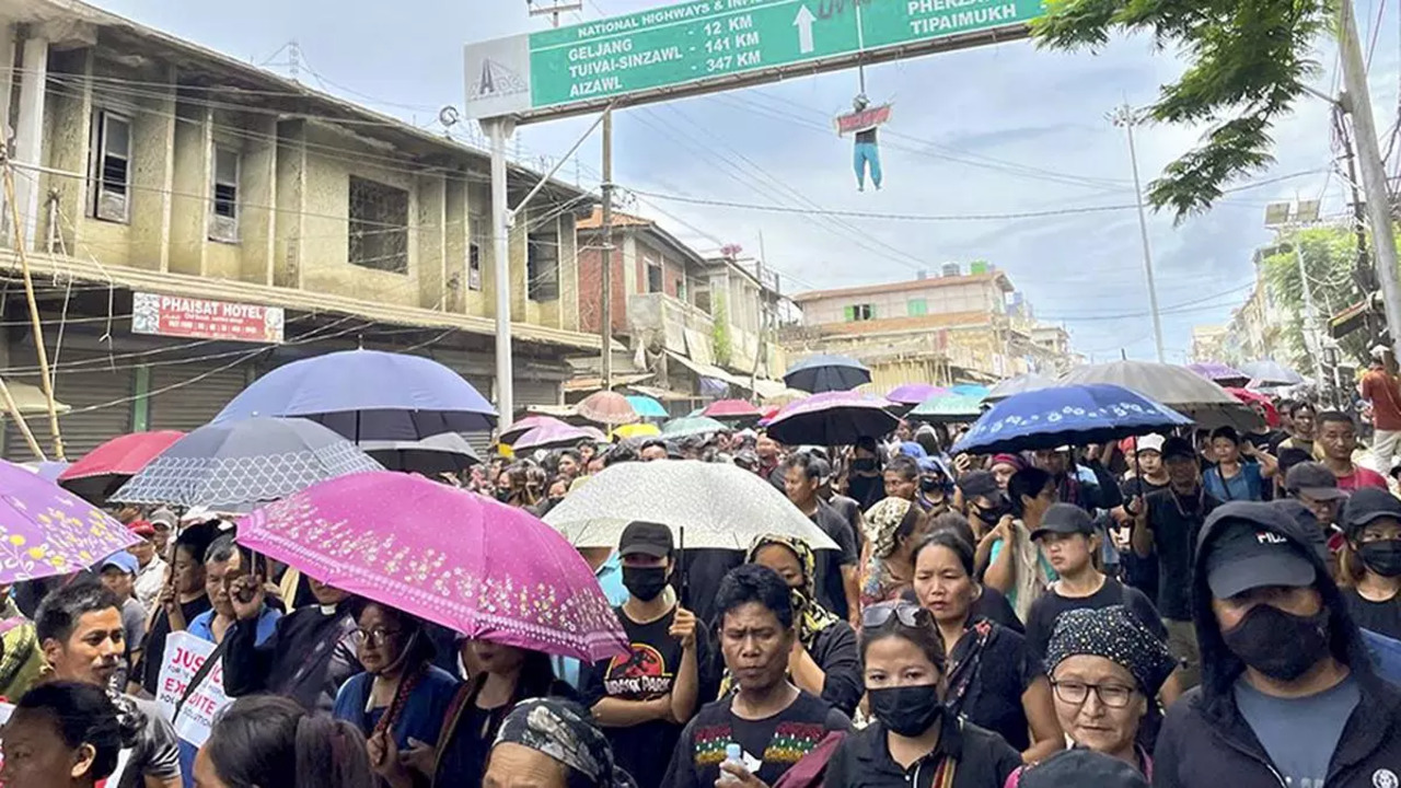 A rally organised by the Indigenous Tribal Leaders’ Forum (ITLF) in Manipur’s Churachandpur, demanding a solution to the ethnic violence in the State