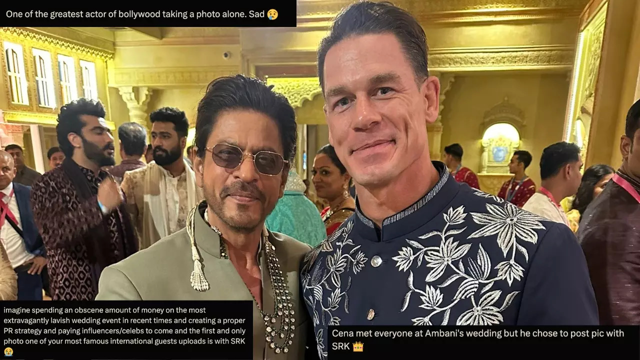 Johna Cena pictured with Shah Rukh Khan at the Anant Ambani-Radhika Merchant wedding. | @JohnCena/X