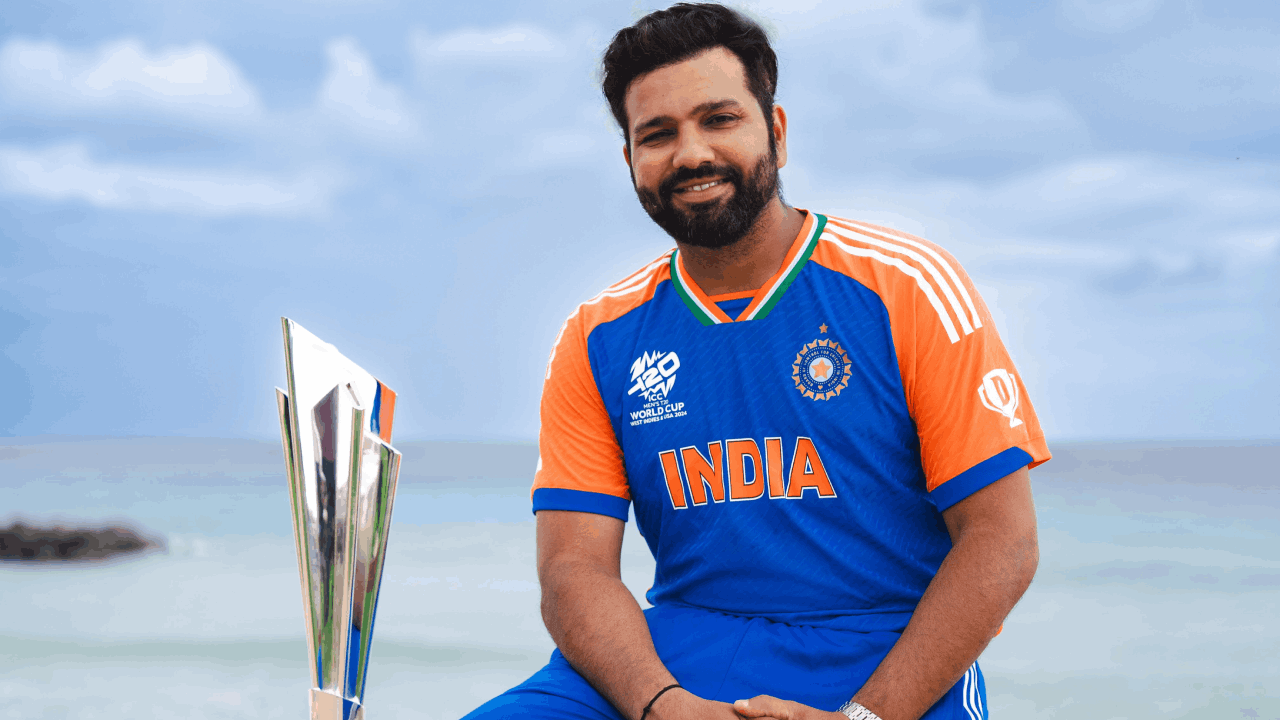 Rohit Sharma with the T20 World Cup trophy