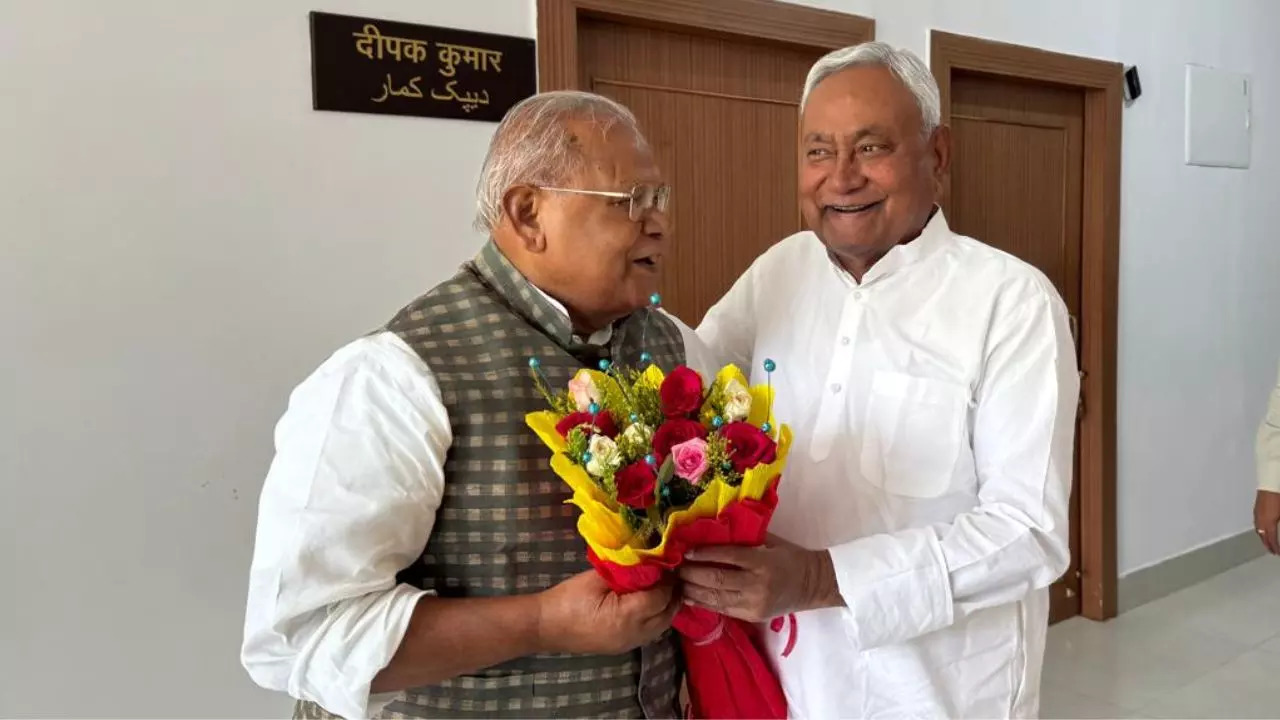 ​Hindustani Awam Morcha (Secular) founder Jitan Ram Manjhi arrived in Patna for the first time after taking charge as Minister of Micro, Small and Medium Enterprises and met Bihar CM Nitish Kumar