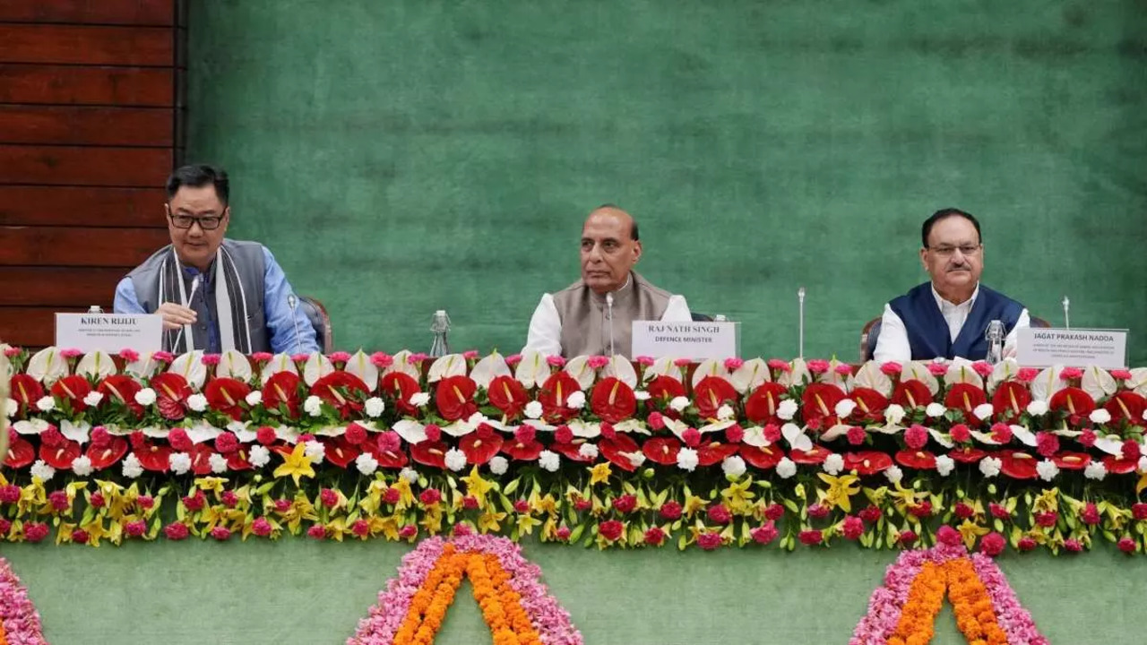 Defence Minister Rajnath Singh, Union Minister for Parliamentary Affairs Kiren Rijiju and Union Minister Jagat Prakash Nadda during the all-party meeting