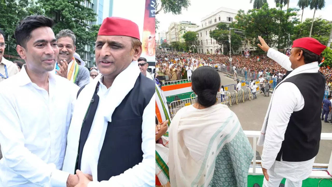 Samajwadi Party supremo Akhilesh Yadav joined West Bengal Chief Minister Mamata Banerjee at Trinamool Congress' Dharmatala Rally in Kolkata on Sunday.