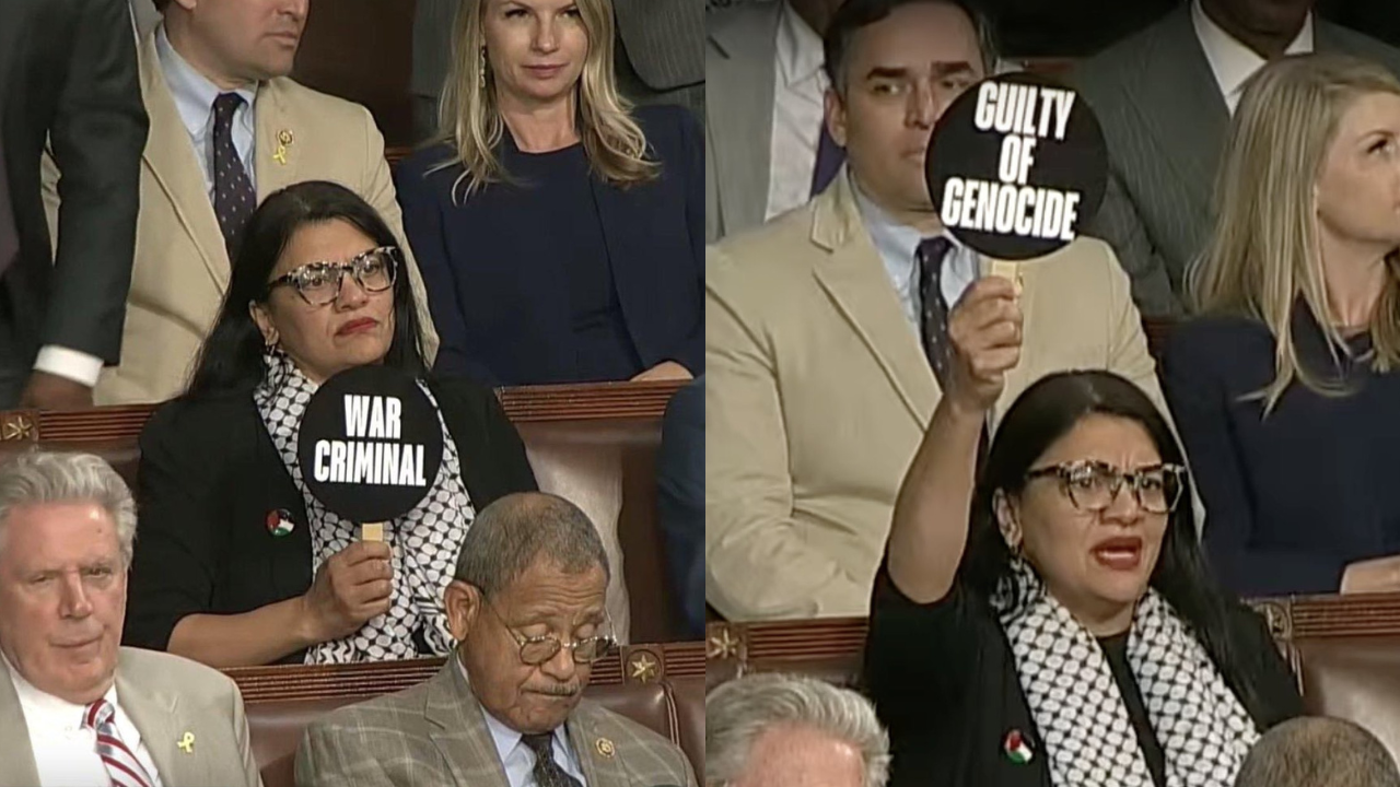 'squad' member rashida tlaib holds'war criminal' sign as netanyahu addresses congress | video