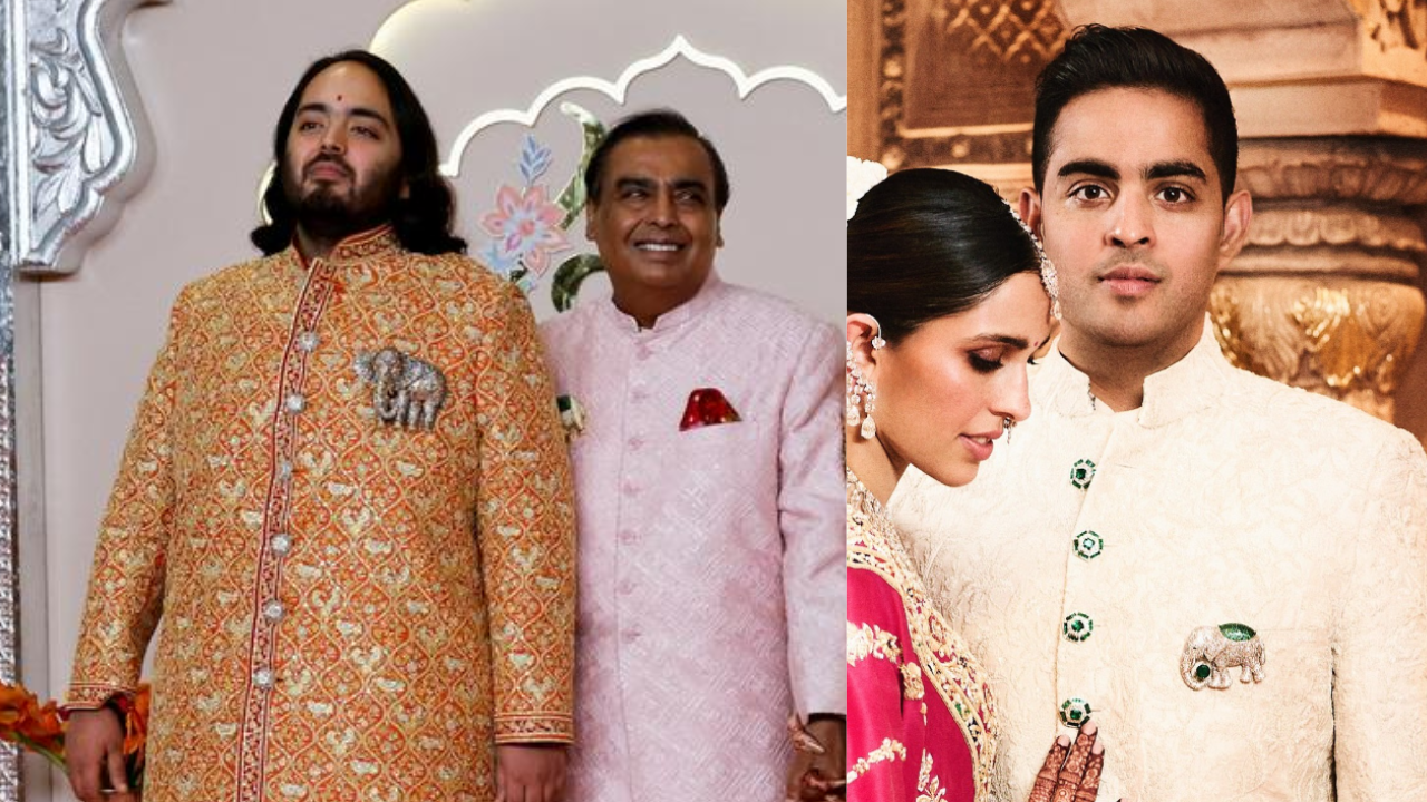 Ambani men wearing elephant-shaped brooches