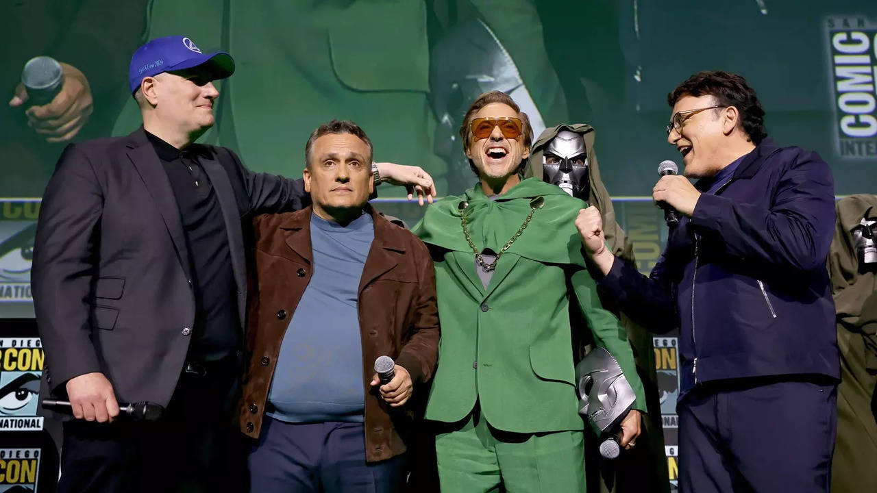 Robert Downey Jr with Kevin Feige, Joe and Anthony Russo at SDCC 2024. (Image Credit: Marvel)