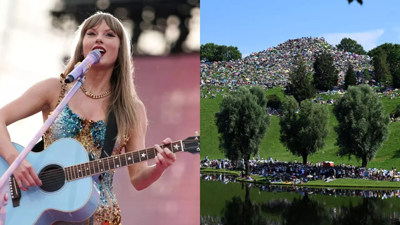 Taylor Swift fans crowd the hill next to the Olympic Stadium, the Munich concert venue. | AP