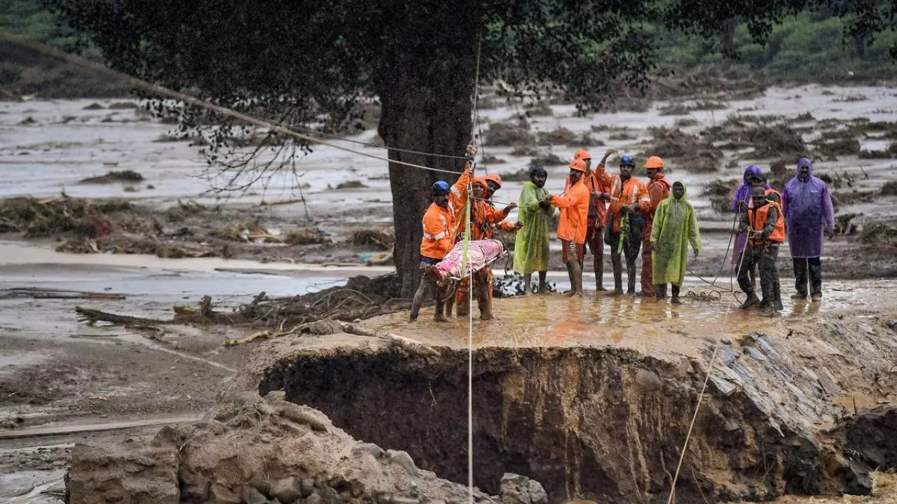 Rescue personnel during a rescue operation in Kerala's Wayanad