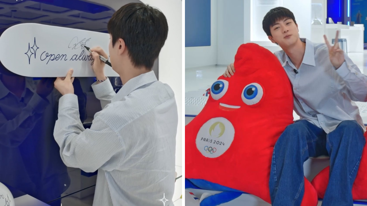 BTS' Jin Poses With Cute Olympic Mascot, Leaves His Autograph At Samsung Pop-Up Store In Paris