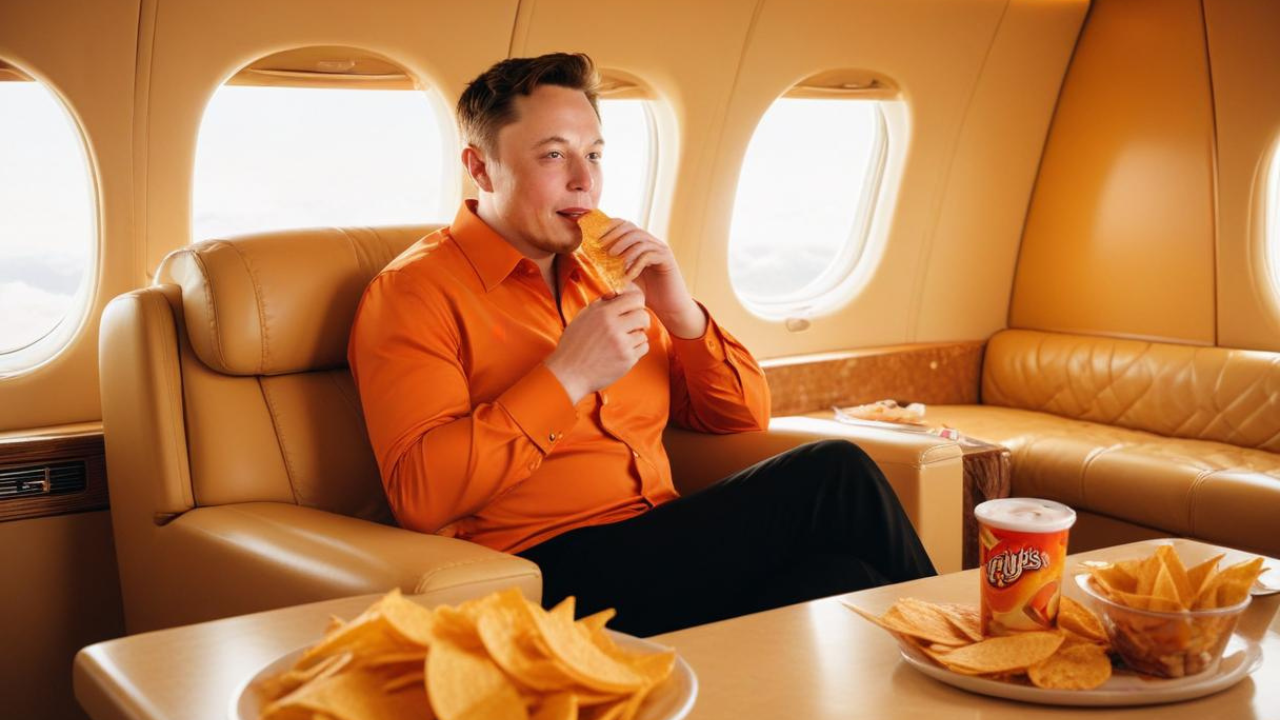 Reimagined photo of Elon Musk eating Pringles