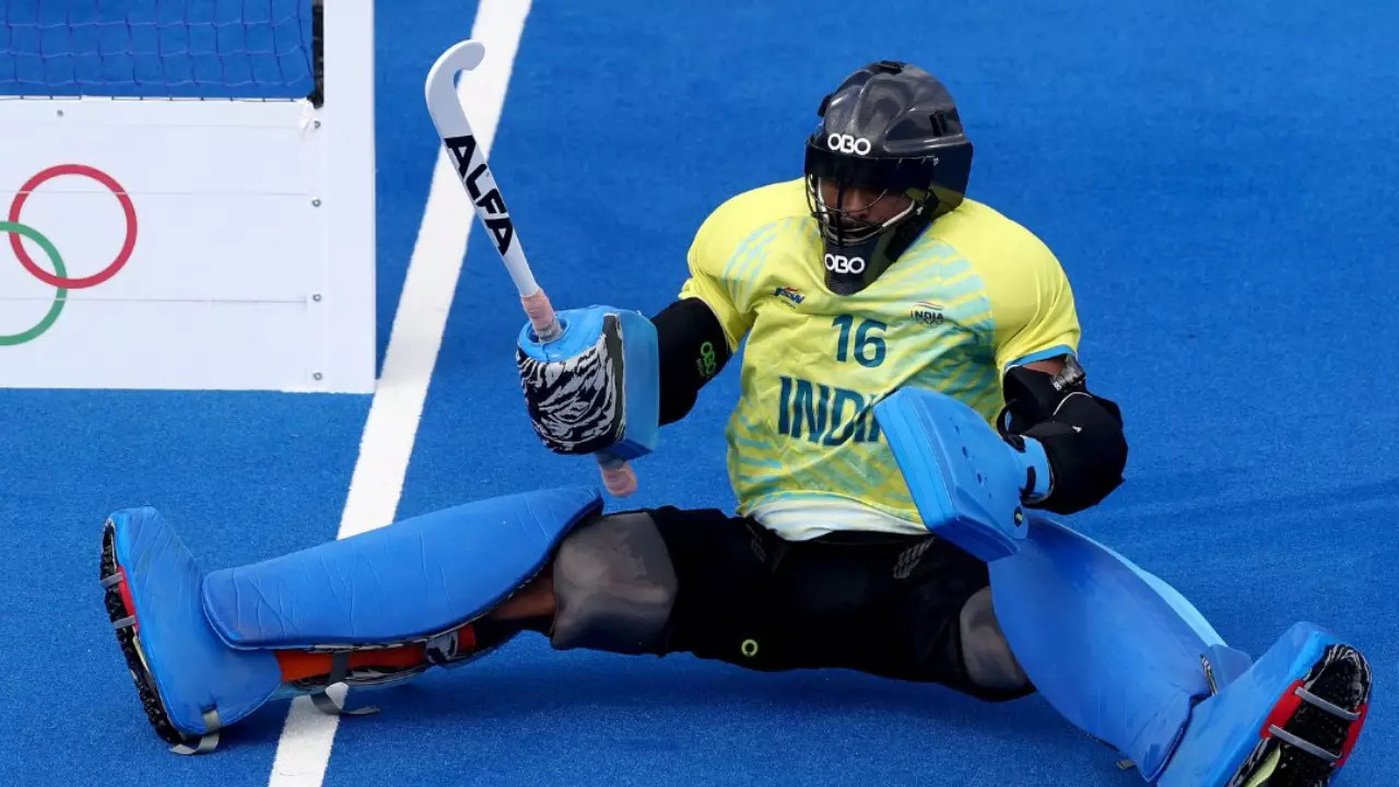 Indian goalkeeper PR Sreejesh in action at Paris Olympics